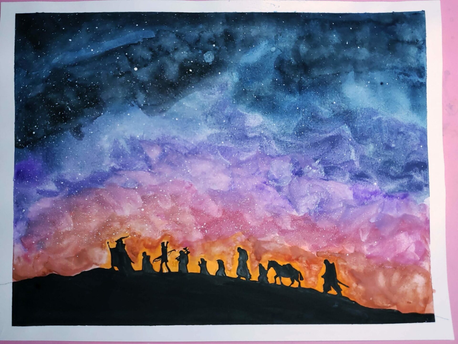 Watercolor painting depicting a starry, sunset sky, the characters from Lord of the Rings, the Fellowship of the Ring in silhouette.